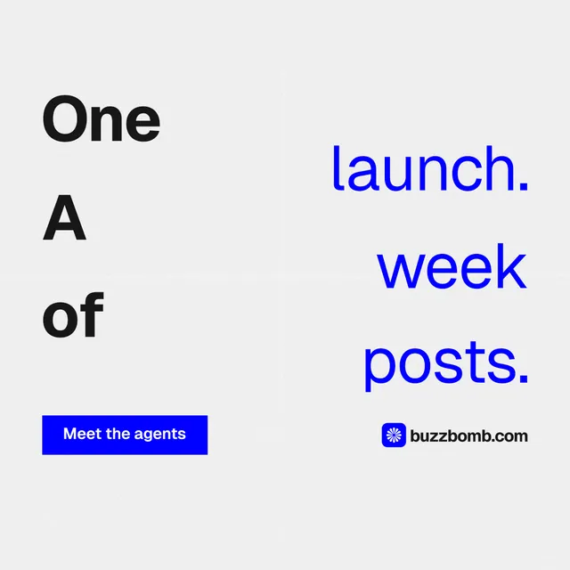Instagram post for BuzzBomb: "One launch. A week of posts." Swiss style, stacked layout, light palette in white, blue.