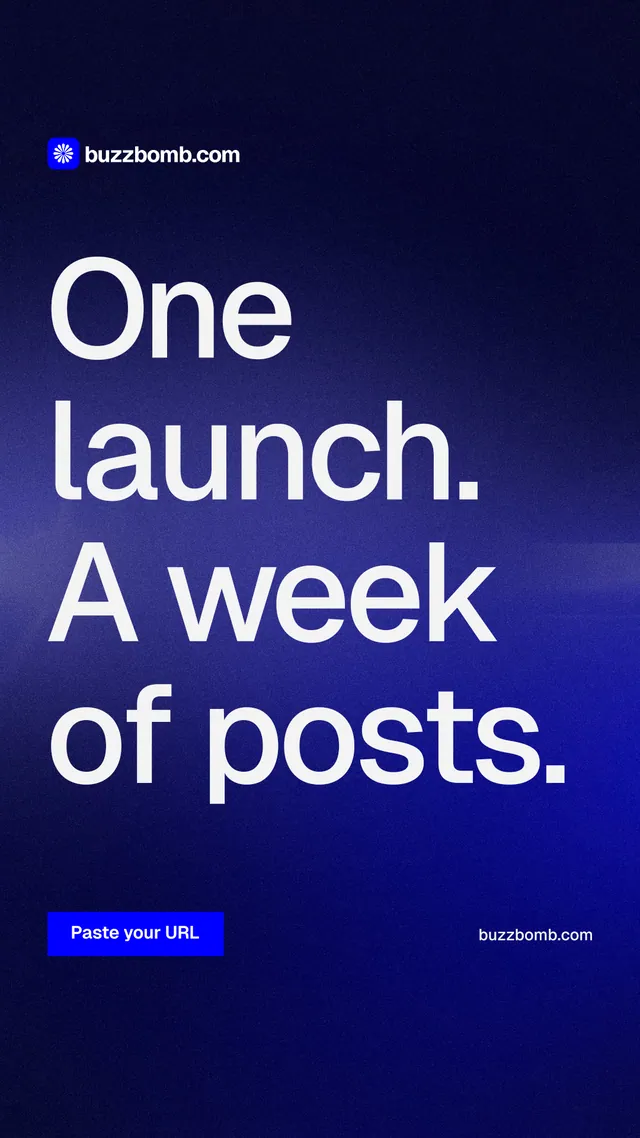 Instagram story for BuzzBomb: "One launch. A week of posts." Swiss style, poster layout, dark palette in black, blue.