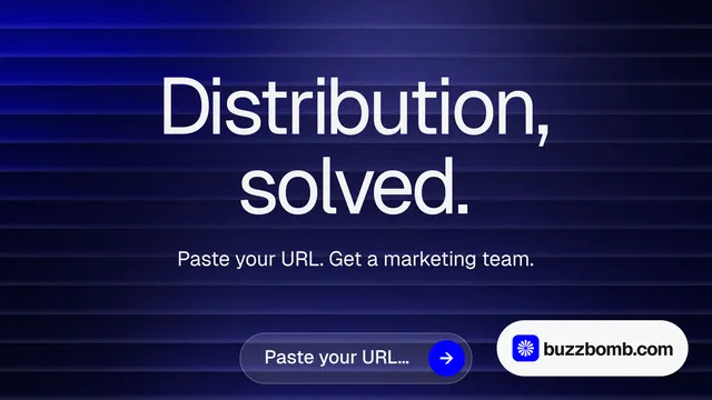 Landscape graphic for BuzzBomb: "Distribution, solved." Agentic glass style, centred layout, dark palette in black, blue, grey.