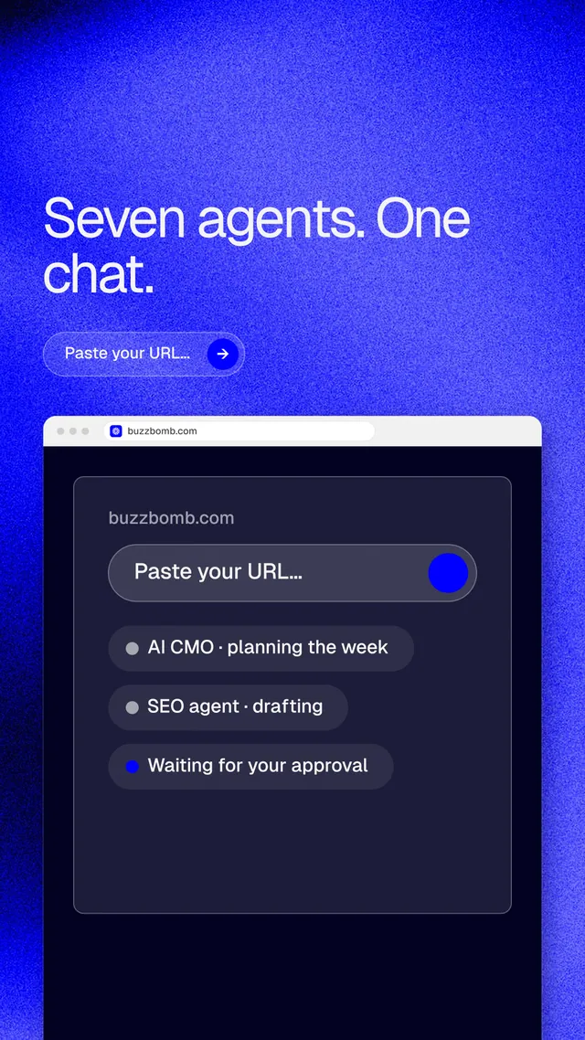 Instagram story for BuzzBomb: "Seven agents. One chat." Agentic glass style, browser layout, dark palette in blue, black.