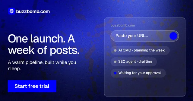 Social ad for BuzzBomb: "One launch. A week of posts." Swiss style, bottom layout, dark palette in blue.