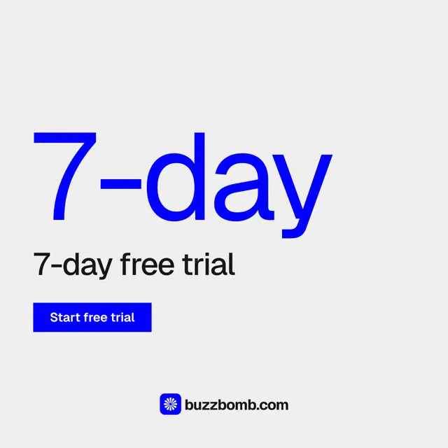 Instagram post for BuzzBomb: "Seven agents. One chat." Swiss style, stat layout, light palette in white, blue.