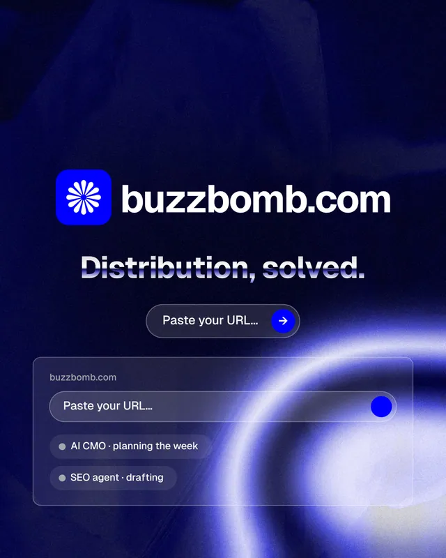 Instagram portrait post for BuzzBomb: "Distribution, solved." Agentic glass style, logo hero layout, dark palette in black, blue.