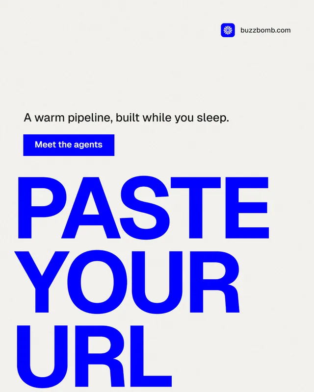 Instagram portrait post for BuzzBomb: "Paste your URL." Swiss style, oversized layout, light palette in white, blue.