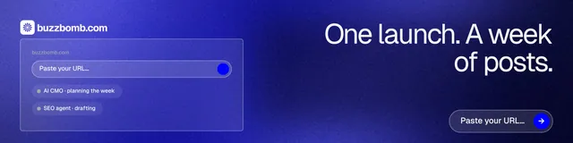 LinkedIn banner for BuzzBomb: "One launch. A week of posts." Agentic glass style, right layout, dark palette in blue.