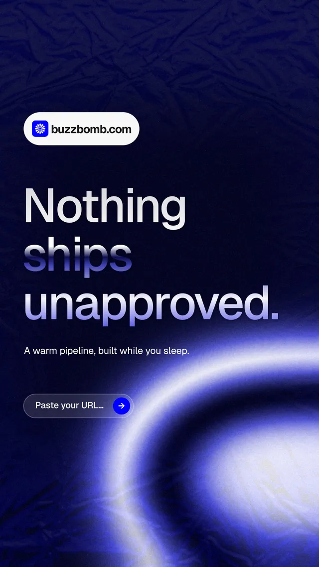 Instagram story for BuzzBomb: "Nothing ships unapproved." Agentic glass style, announce layout, dark palette in blue, black.
