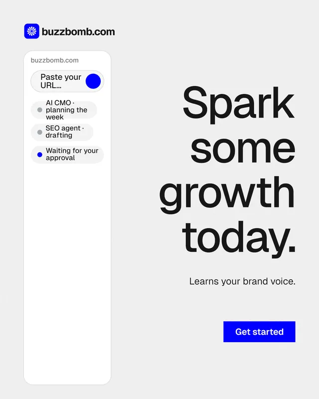 Instagram portrait post for BuzzBomb: "Spark some growth today." Swiss style, right layout, light palette in white, grey.