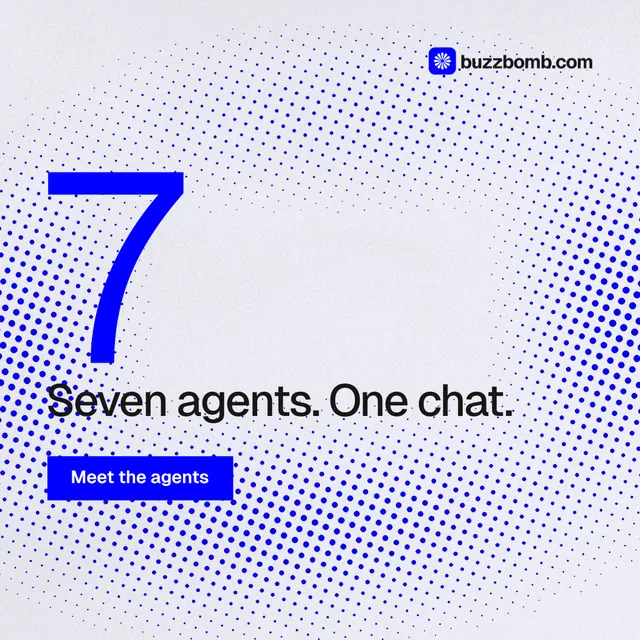 Instagram post for BuzzBomb: "One launch. A week of posts." Split block style, stat layout, light palette in blue, white.