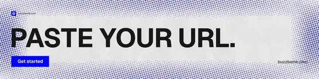 LinkedIn banner for BuzzBomb: "Paste your URL." Swiss style, poster layout, light palette in blue, white.