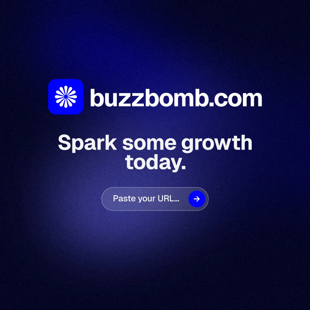 Instagram post for BuzzBomb: "Spark some growth today." Agentic glass style, logo hero layout, dark palette in black, blue.