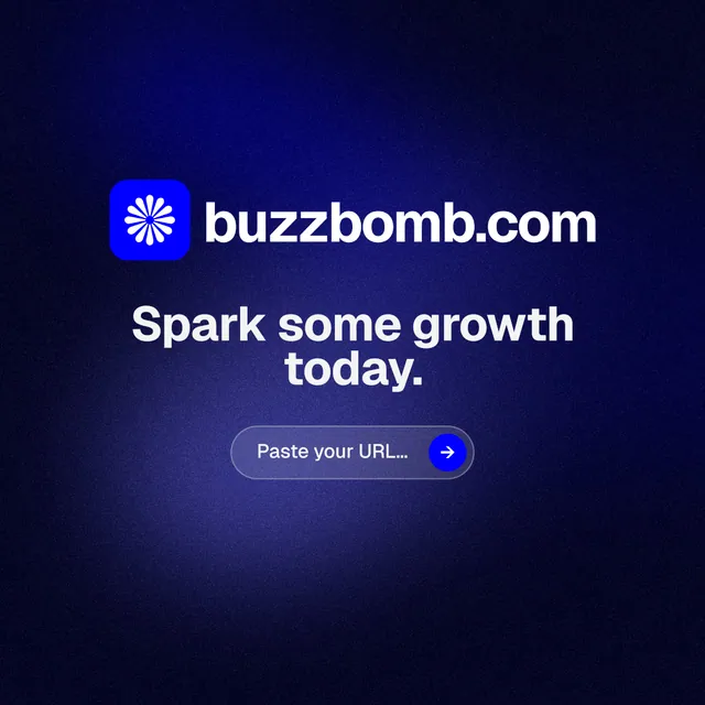 Instagram post for BuzzBomb: "Spark some growth today." Agentic glass style, logo hero layout, dark palette in black, blue.