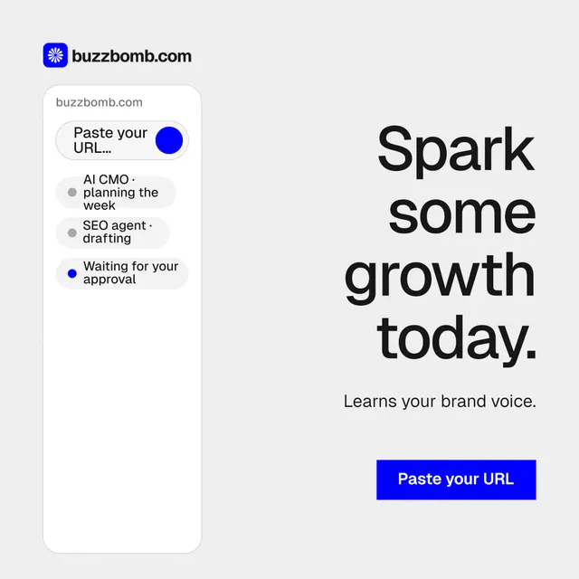 Instagram post for BuzzBomb: "Spark some growth today." Swiss style, right layout, light palette in white, blue.