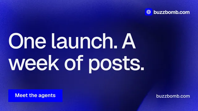 Landscape graphic for BuzzBomb: "One launch. A week of posts." Swiss style, poster layout, dark palette in blue.