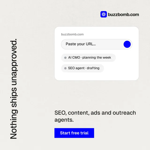 Instagram post for BuzzBomb: "Nothing ships unapproved." Swiss style, vertical layout, light palette in white, blue.