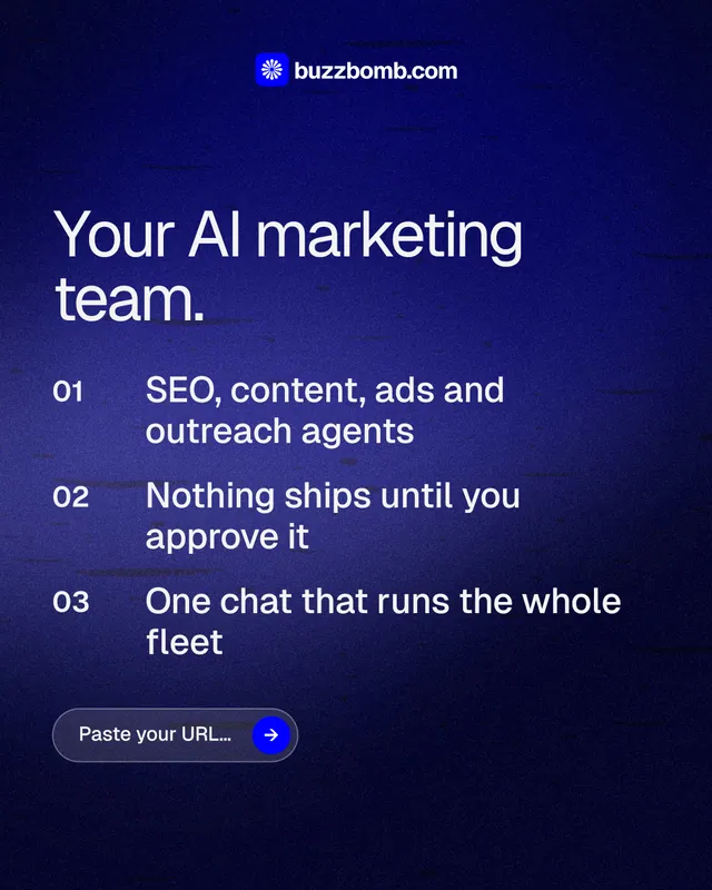 Instagram portrait post for BuzzBomb: "Your AI marketing team." Agentic glass style, numbered layout, dark palette in black, blue.