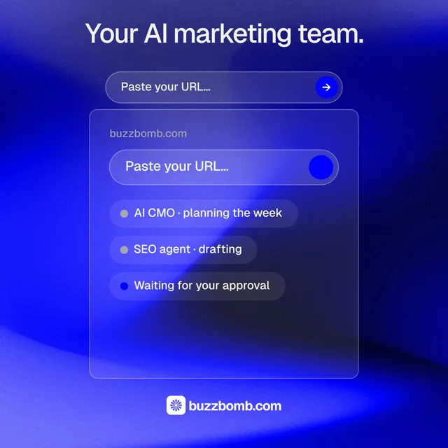 Instagram post for BuzzBomb: "Your AI marketing team." Agentic glass style, skeleton layout, dark palette in blue.