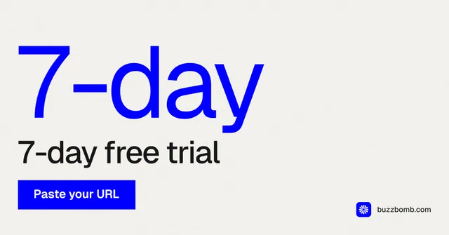 Social ad for BuzzBomb: "Your AI marketing team." Swiss style, stat layout, light palette in white, blue.