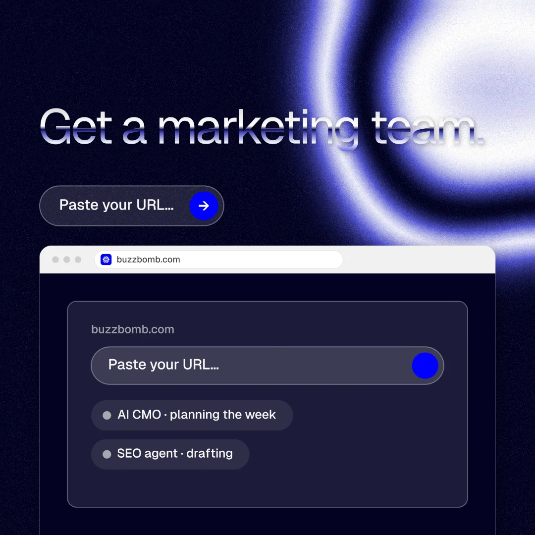 Instagram post for BuzzBomb: "Get a marketing team." Agentic glass style, browser layout, dark palette in blue, black.