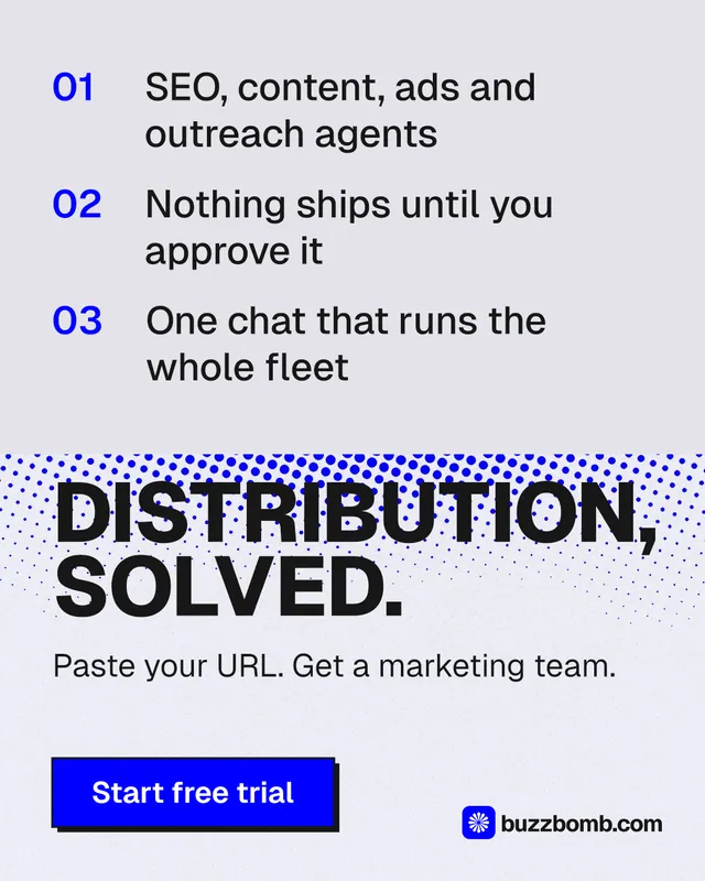 Instagram portrait post for BuzzBomb: "Distribution, solved." Brutalist style, skeleton layout, light palette in white, blue.