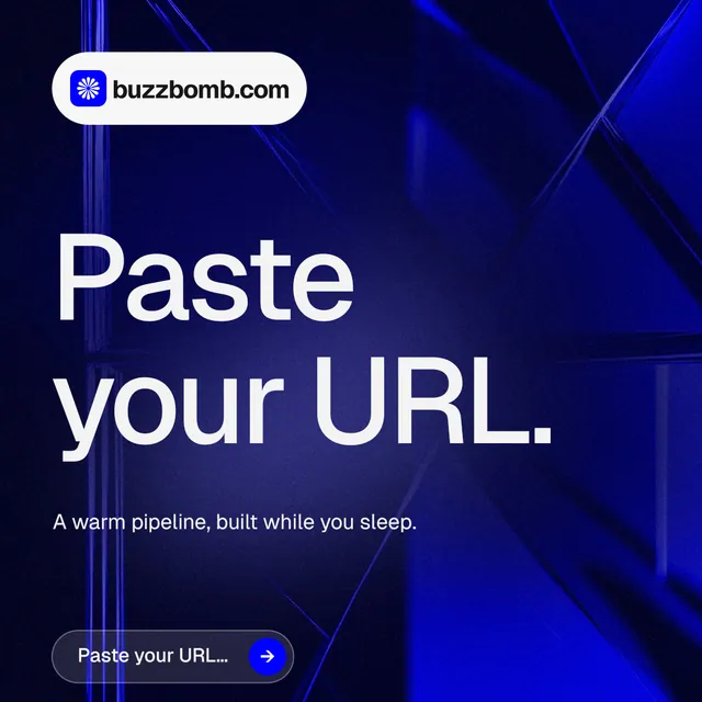 Instagram post for BuzzBomb: "Paste your URL." Agentic glass style, announce layout, dark palette in blue, black, grey.