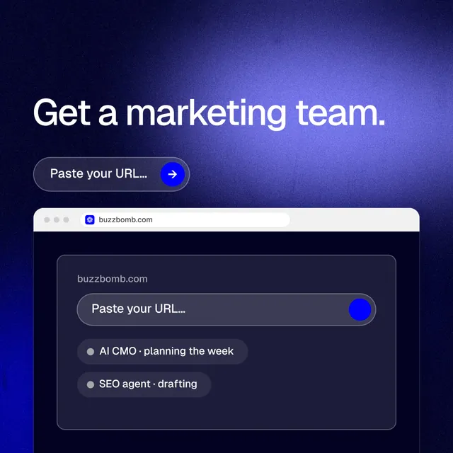 Instagram post for BuzzBomb: "Get a marketing team." Agentic glass style, browser layout, dark palette in blue, black.