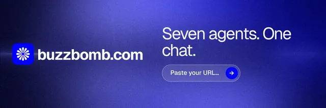 X header for BuzzBomb: "Seven agents. One chat." Agentic glass style, logo hero layout, dark palette in blue.