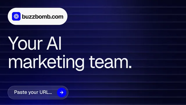 Landscape graphic for BuzzBomb: "Your AI marketing team." Agentic glass style, announce layout, dark palette in black, blue, grey.
