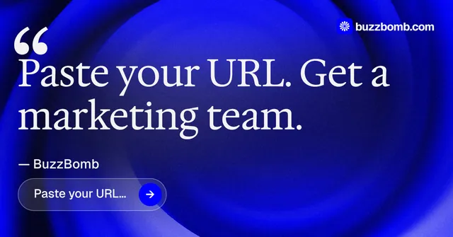 Social ad for BuzzBomb: "Get a marketing team." Agentic glass style, quote layout, dark palette in blue.
