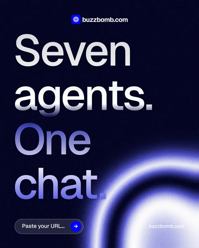 Instagram portrait post for BuzzBomb: "Seven agents. One chat." Agentic glass style, poster layout, dark palette in black, blue.