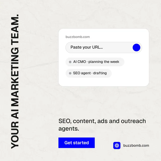 Instagram post for BuzzBomb: "Your AI marketing team." Swiss style, vertical layout, light palette in white, grey.