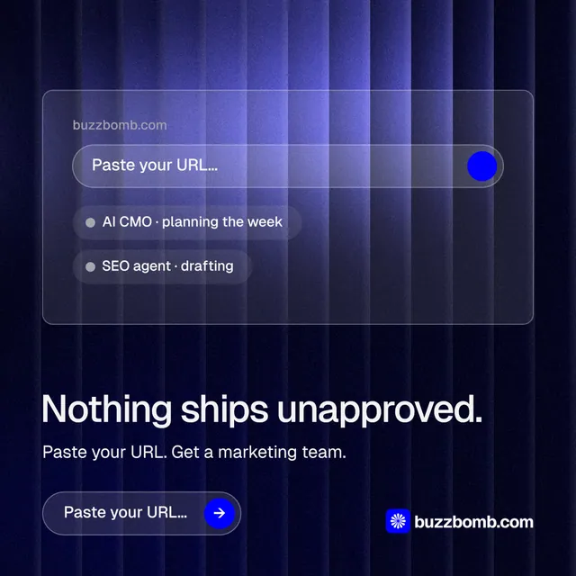 Instagram post for BuzzBomb: "Nothing ships unapproved." Agentic glass style, bottom layout, dark palette in black, blue.