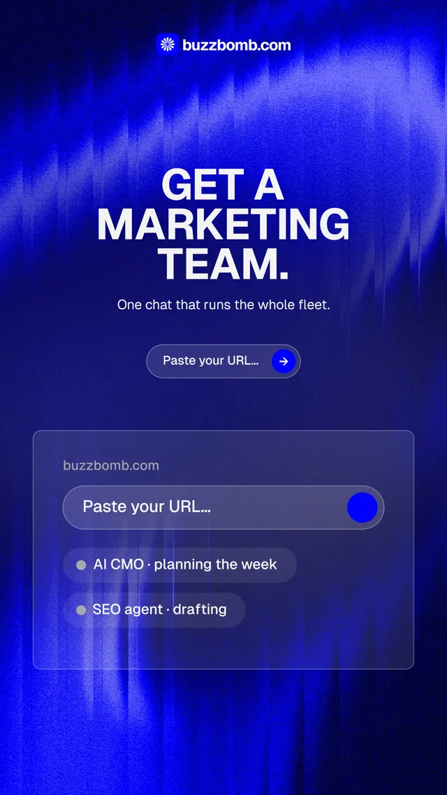 Instagram story for BuzzBomb: "Get a marketing team." Agentic glass style, centred layout, dark palette in blue.