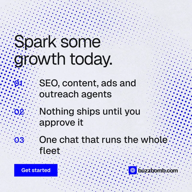 Instagram post for BuzzBomb: "Spark some growth today." Split block style, numbered layout, light palette in blue, white.