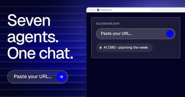 Social ad for BuzzBomb: "Seven agents. One chat." Agentic glass style, browser layout, dark palette in blue, black, grey.