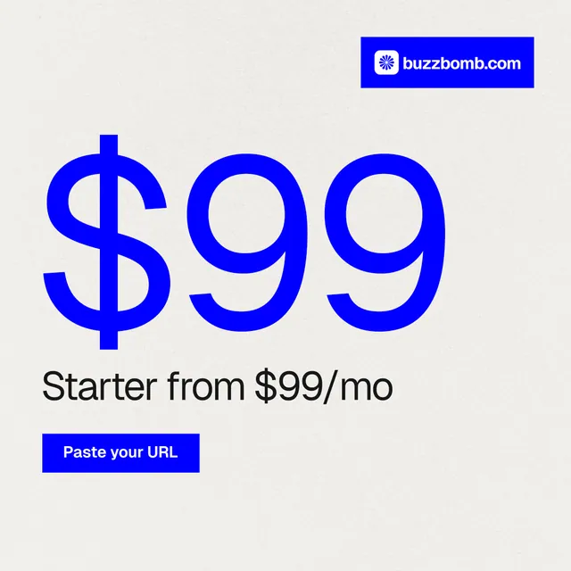 Instagram post for BuzzBomb: "Get a marketing team." Swiss style, stat layout, light palette in white, blue.