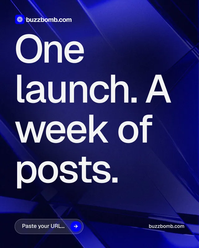 Instagram portrait post for BuzzBomb: "One launch. A week of posts." Agentic glass style, poster layout, dark palette in blue, black, grey.
