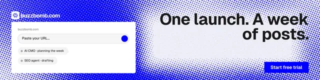 LinkedIn banner for BuzzBomb: "One launch. A week of posts." Split block style, right layout, light palette in blue, white.