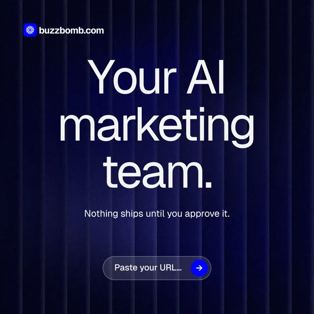 Instagram post for BuzzBomb: "Your AI marketing team." Agentic glass style, centred layout, dark palette in black, blue, grey.