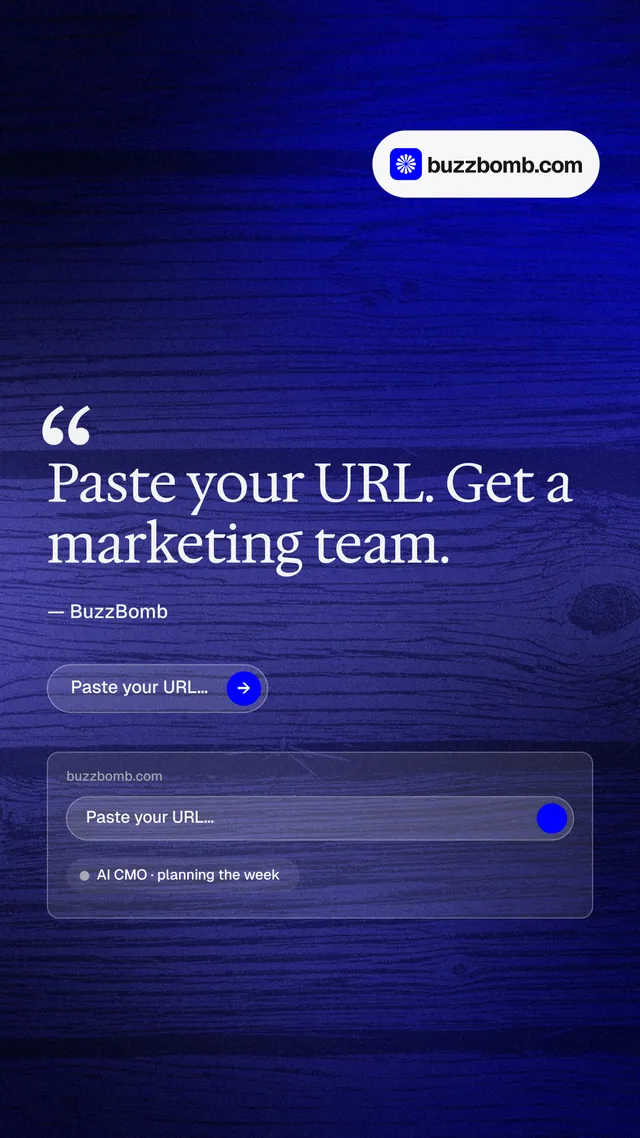 Instagram story for BuzzBomb: "Get a marketing team." Agentic glass style, quote layout, dark palette in blue.