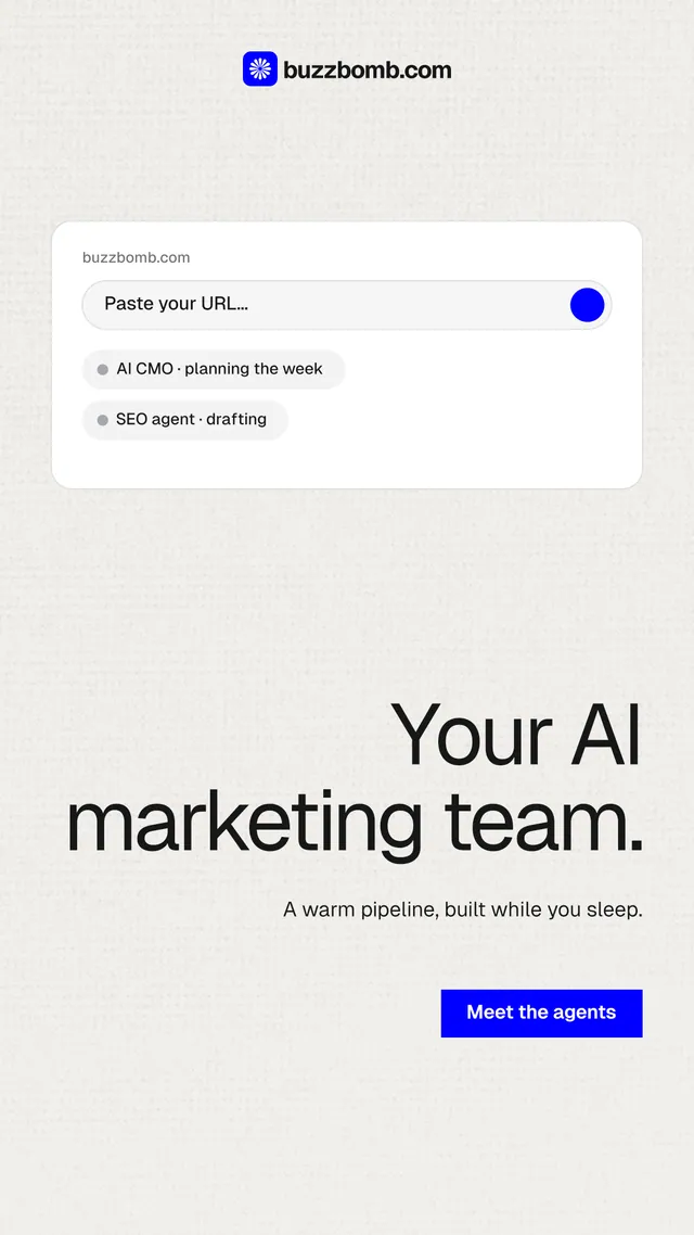 Instagram story for BuzzBomb: "Your AI marketing team." Swiss style, right layout, light palette in white, grey.