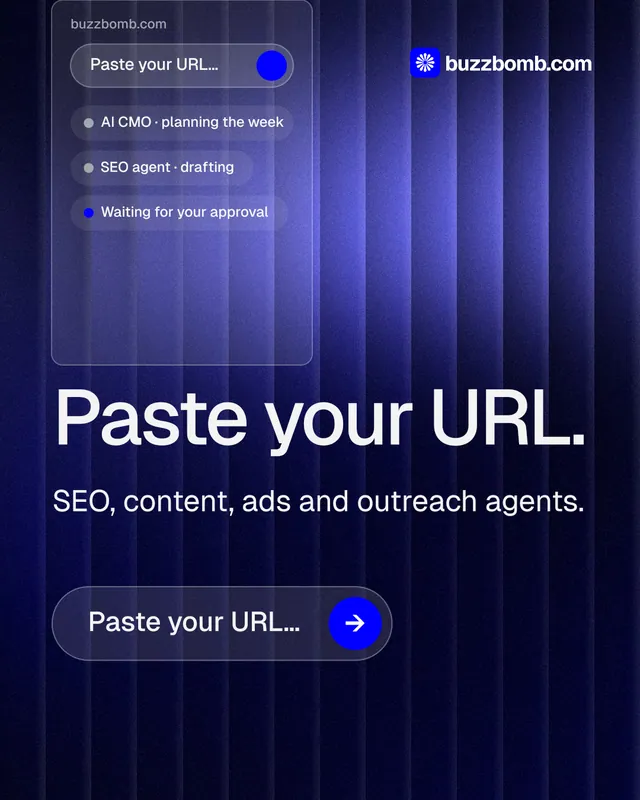 Instagram portrait post for BuzzBomb: "Paste your URL." Agentic glass style, skeleton layout, dark palette in blue, black.