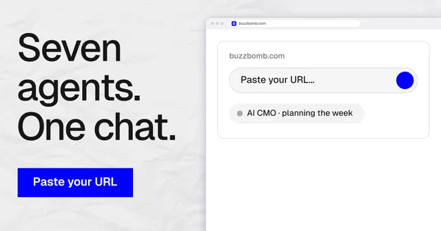Social ad for BuzzBomb: "Seven agents. One chat." Swiss style, browser layout, light palette in white, blue.