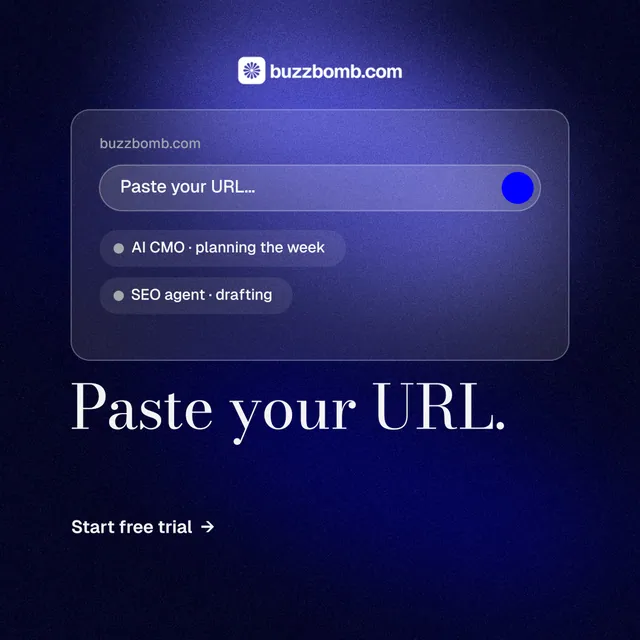 Instagram post for BuzzBomb: "Paste your URL." Minimal luxury style, bottom layout, dark palette in black, blue.