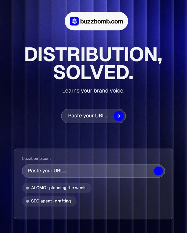 Instagram portrait post for BuzzBomb: "Distribution, solved." Agentic glass style, centred layout, dark palette in black, blue, grey.
