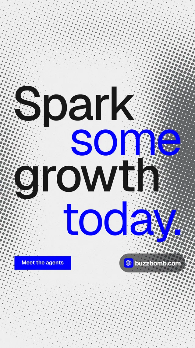 Instagram story for BuzzBomb: "Spark some growth today." Split block style, stacked layout, light palette in white, blue.