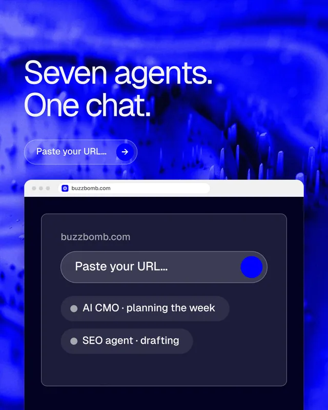 Instagram portrait post for BuzzBomb: "Seven agents. One chat." Agentic glass style, browser layout, dark palette in blue.