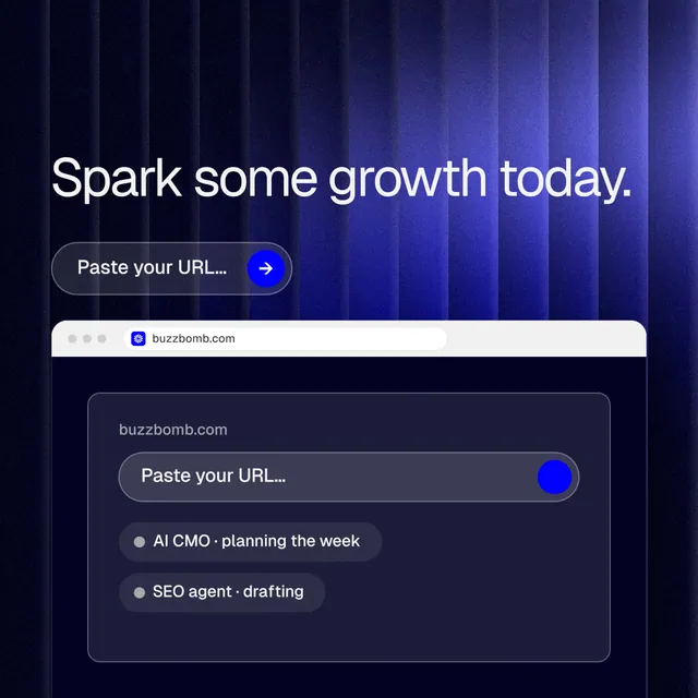 Instagram post for BuzzBomb: "Spark some growth today." Agentic glass style, browser layout, dark palette in blue, black.