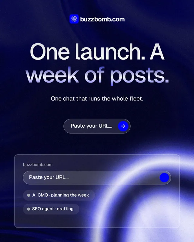 Instagram portrait post for BuzzBomb: "One launch. A week of posts." Agentic glass style, centred layout, dark palette in black, blue.
