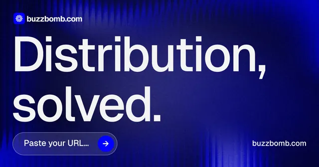 Social ad for BuzzBomb: "Distribution, solved." Agentic glass style, poster layout, dark palette in blue, grey.