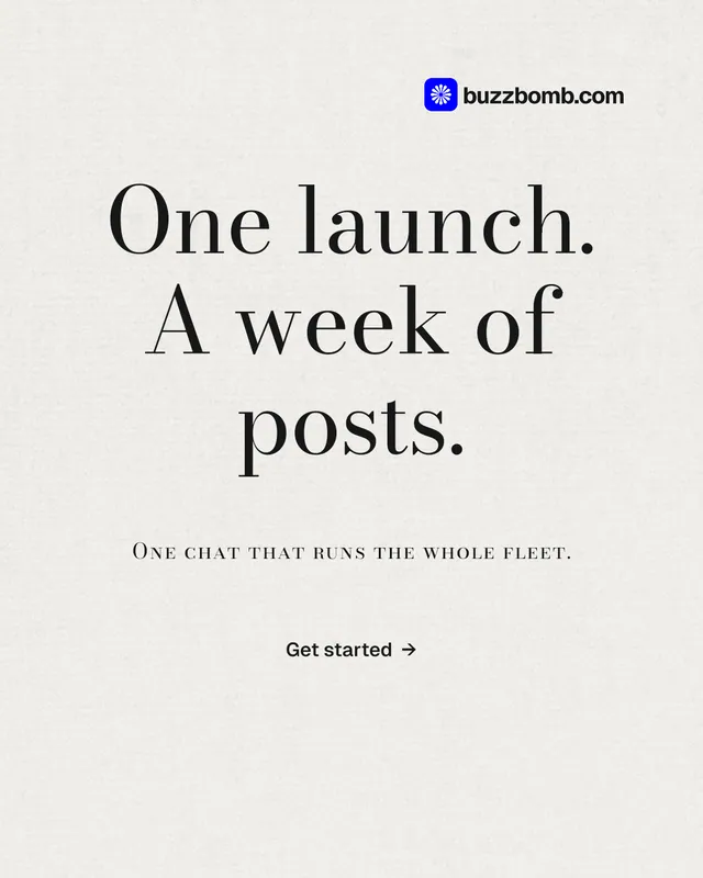 Instagram portrait post for BuzzBomb: "One launch. A week of posts." Minimal luxury style, smallcaps layout, light palette in white.